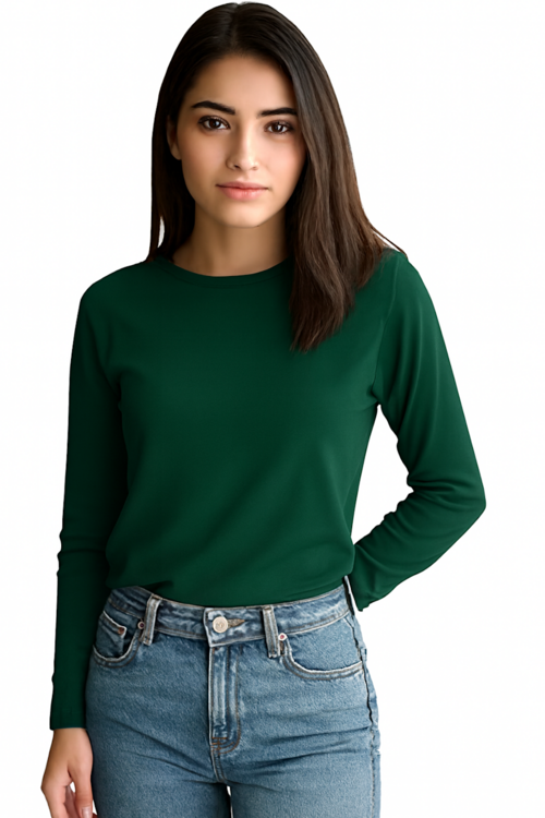 Women's Solid Dark Green Full Sleeve Round Neck Tee