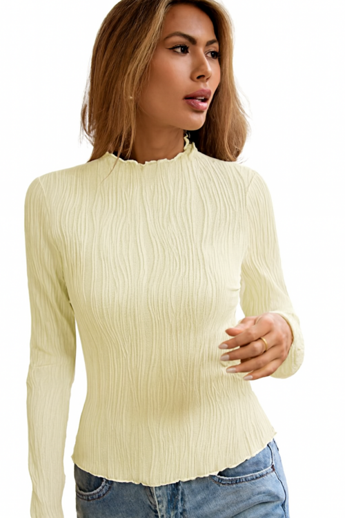 Women's Cream Textured Long Sleeve Mock Neck Top